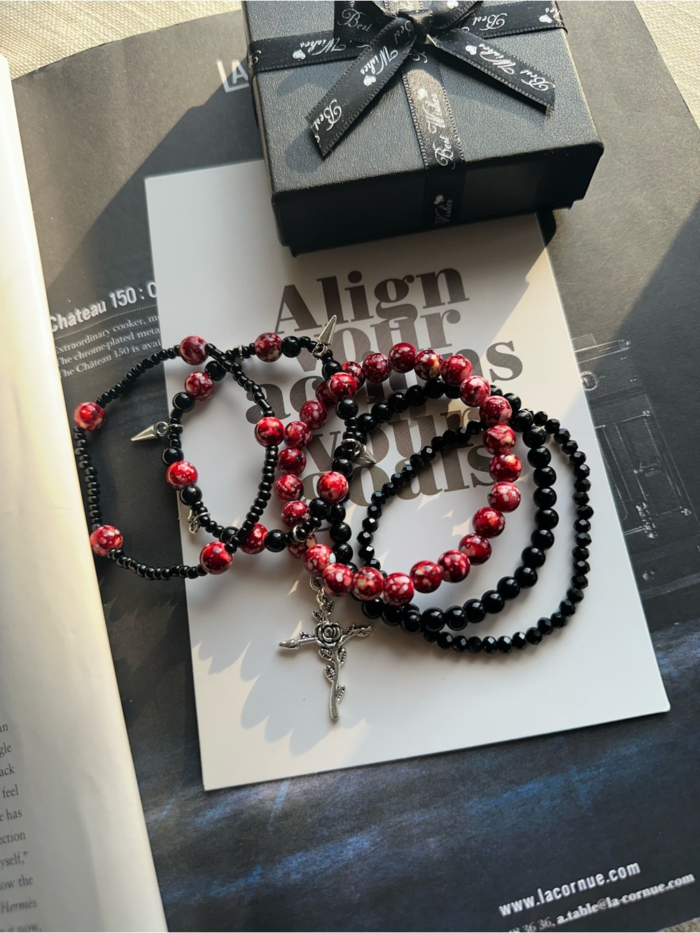 5 set of Red and Black Beaded Bracelet Stack with Cross Charm